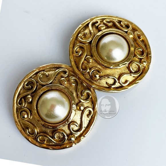 Edouard Rambaud Paris Earrings XL Round Etruscan Gold Metal Faux Pearl Vintage - Picture 7 of 12
